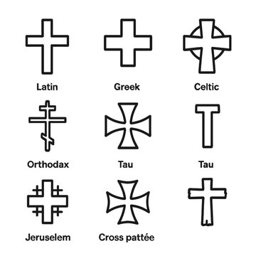 Variety of cross styles: latin, greek, celtic, orthodox, tau, jerusalem