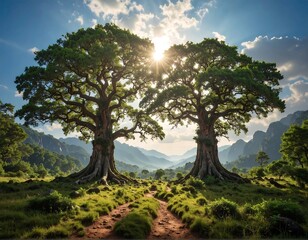 Fototapeta premium A serene landscape with two majestic trees standing on a grassy hill
