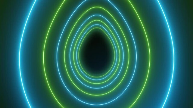 Video animation of many Easter eggs in neon blue and neon green on dark background - abstract background - seamless loop - vacation concept.