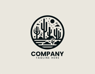 Fototapeta premium Black vector logo desert landscape scene with tall cactus plants