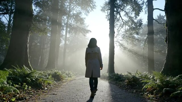 Silhouette of a person walking along a forest path with sunlight streaming through tall trees creating a tranquil natural scene