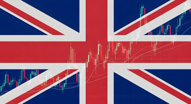 British flag overlaid with stock market graphs reflecting economic trends