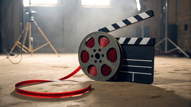 Film reel and clapperboard on the floor with lighting equipment in the background during a movie shoot in a studio