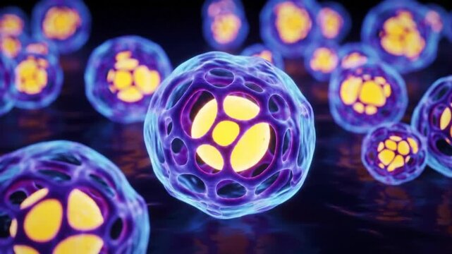Microscopic Cells with Yellow Nucleus and Purple Membrane.