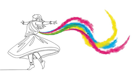 High-quality black continuous line art of a joyful dancer mid-spin with flowing Holi powder trails, dynamic expressive minimal style