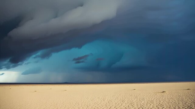 Dramatic Desert Thunderstorm With Low Shelf Cloud Rolling Over Flat Sand Landscape