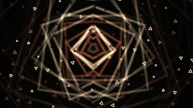 Abstract geometric pattern in warm tones. Lines and triangles create a complex, layered design