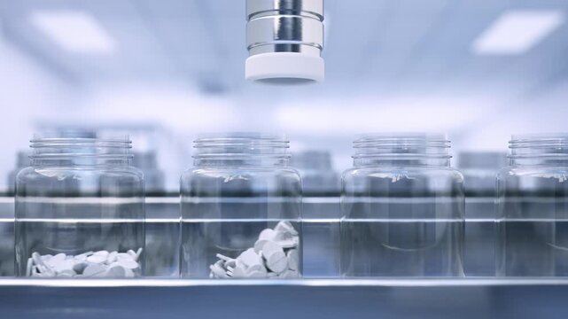Automated pill bottles being filled on a pharmaceutical production line &ndash; seamless loop, high-detail 3D render.