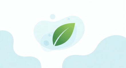 Green leaf in a blue bubble on a white background with abstract shapes.