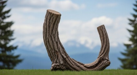 Curved wooden log on grass with mountainous landscape.