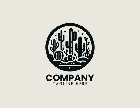 Black vector logo desert landscape scene with tall cactus plants
