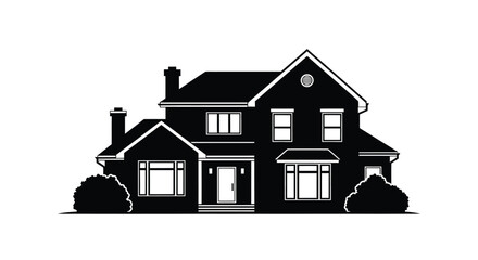 Fototapeta premium Black and white silhouette of a classic two story family house with a yard