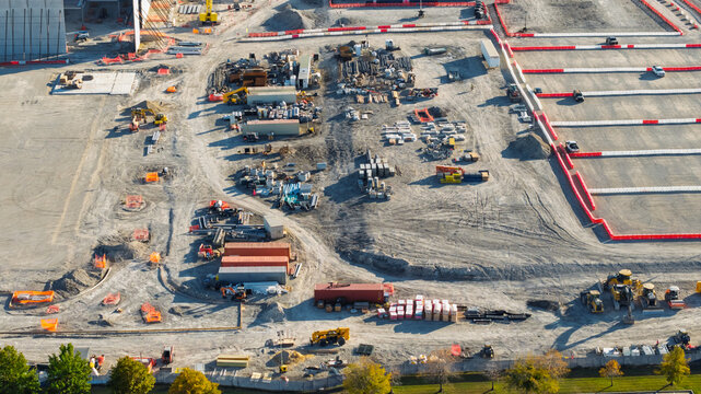 Aerial view of large industrial construction site developing