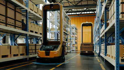 Automated guided vehicles moving cardboard boxes in modern warehouse, smart logistics and industrial automation concept- 3D rendering © Vanitjan
