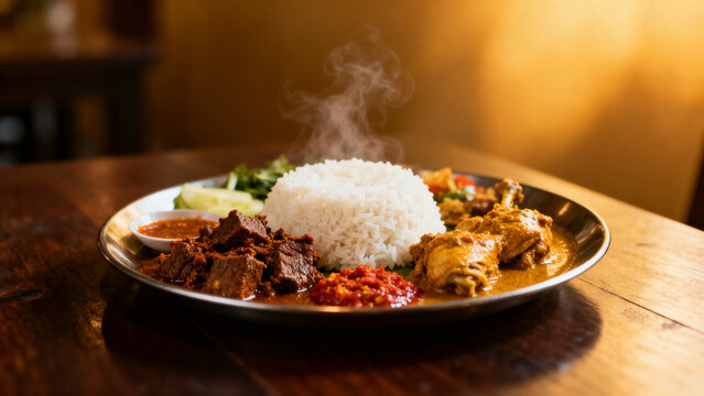 A cinematic aesthetic product photo of nasi padang set, full set visible, centered composition.