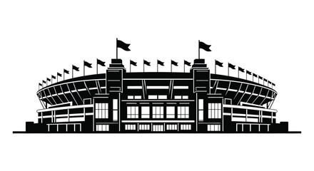 Obraz premium Black and white illustration of a large stadium with flags waving