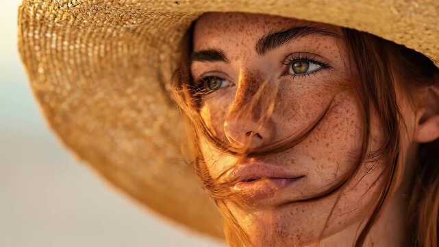 Sunlit serenity: closeup of a freckled woman in straw hat amidst calming breeze