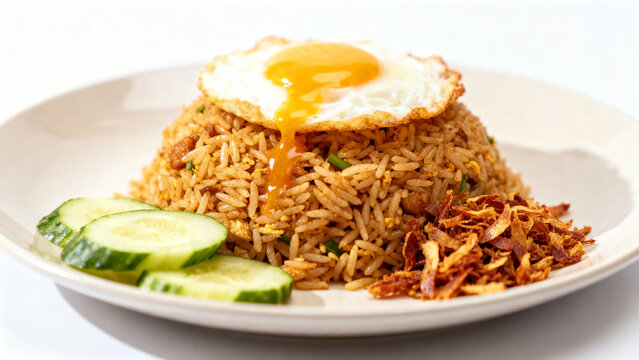 A cinematic aesthetic product photo of nasi goreng kampung, full dish visible, centered composition, clean background, studio lighting.