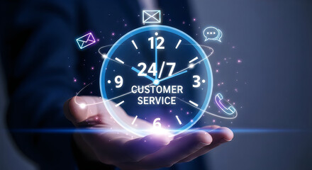 Naklejka premium Customer service concept: 24/7 support icon with hand holding a clock and communication symbols, representing constant availability and help.