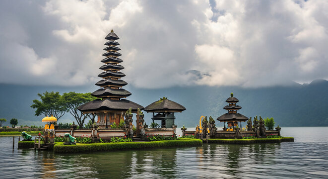 Serene Balinese temple complex on a lake's island with lush greenery and majestic architecture viewed from a distance