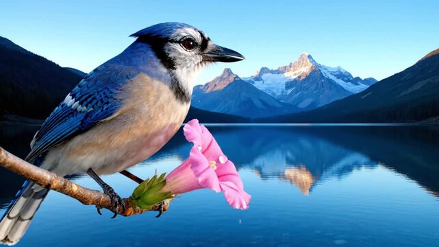 Blue Jay Bird Perched on Branch with Pink Flower.