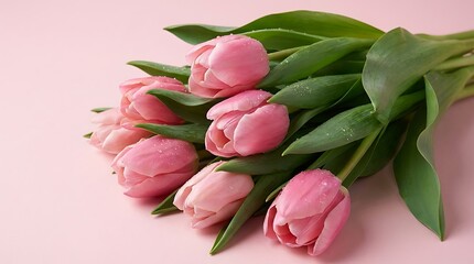 A bouquet of pink tulips on a soft pink background with green leaves