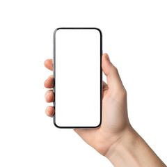 A hand holding a blank smartphone against a white background. isolated on transparent background