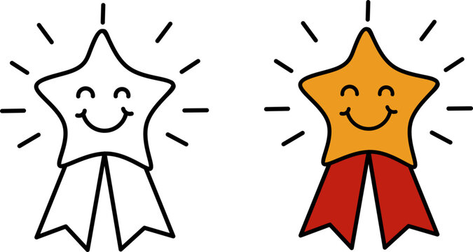 Achievement star badge. Happy smiling medal with ribbon for kids reward