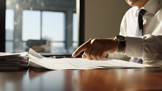 Video of business signing and reviewing documents at desk.