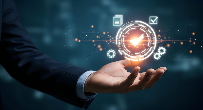 Businessman's Hand Holding Glowing Digital Checkmark, Symbolizing Quality Control, Business Approval, and Successful Task Completion