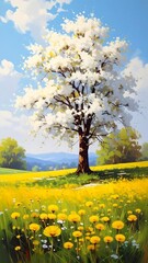Scenic painting of a flowering tree in a field of yellow flowers under blue sky