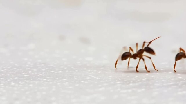 A line of ants moving in a row on a white surface