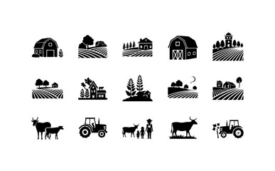 Black and White Agricultural Farming Icons Set