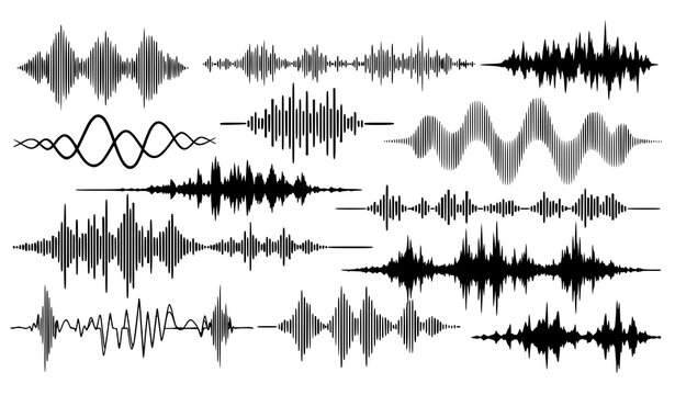 Abstract black sound wave vector background layered audio waveform illustration