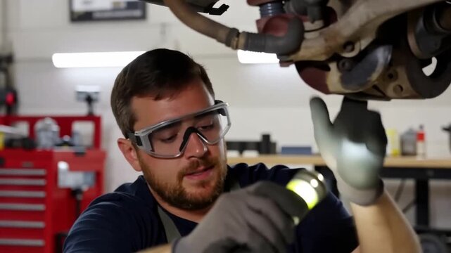 A mechanic working under a vehicle on a hydraulic lift in a well-equipped garage