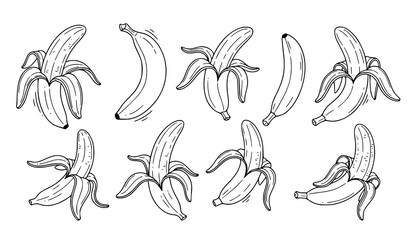 Banana peel doodle vector set hand-drawn outline clipart icons peeled banana illustration © Shukimon