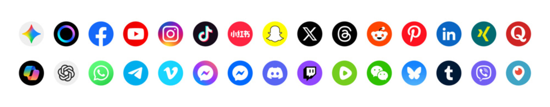 New 2026 colorful social media app logo icons set collection for web and mobile ui design, facebook, instagram, gemini, chatgpt, YouTube, whatsapp, reddit, x, Twitter