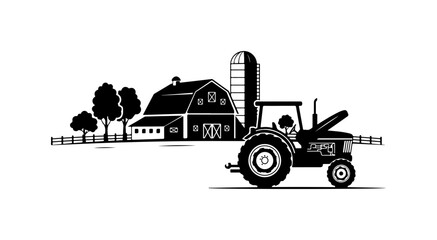 Classic Farm Tractor with Barn Silo Vector Illustration