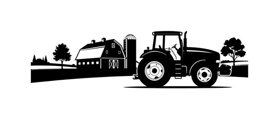 Modern Tractor Plowing Near Farm Barn