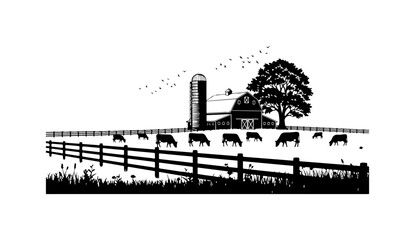 Rustic Farm Scene with Cows and Silo