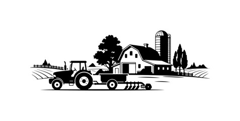 Rural Farm Scene with Tractor and Barn Silhouette