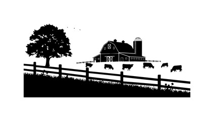 Rustic Farm Scene with Barn and Cows