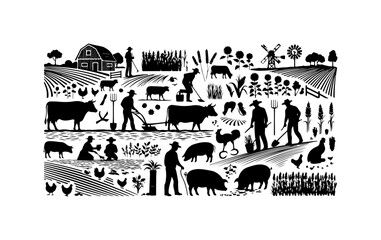 Rustic Farm Life and Agricultural Activities Vector Illustration