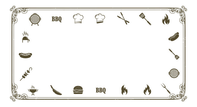 Ornate BBQ Menu Frame with Cooking Utensils and Ingredients.