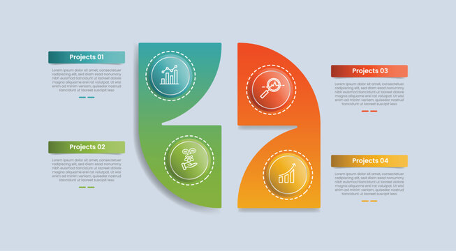 4 points infographic with glossy gradient style with creative structure center on quadrant structure with unbalance position with four segment information
