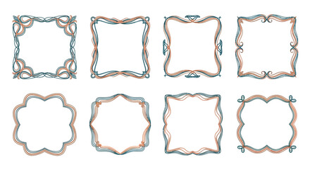 Set of eight decorative frames in teal and burnt orange colors