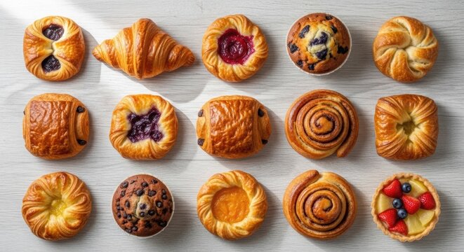 Assorted freshly baked pastries arranged neatly on a flat surface, top view, clean composition, soft natural lighting, realistic food photography, no text, no branding