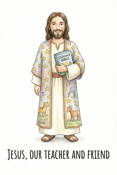 Friendly cartoon Jesus as teacher and friend, holding a Children's Bible. Christian religious illustration for Sunday School or kids' ministry.