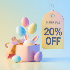 3D Easter sale promotion: Open gift box with flying eggs and 20 percent off discount tag