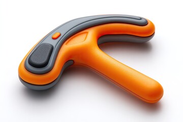 Obraz premium Ergonomic, bright orange and grey T-shaped device with a button, set against a white backdrop